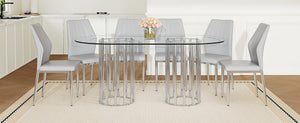 English Elm Table and Chair Set Oval Tempered Glass Top Six Seat Contemporary Dining Light Gray,Silver,Transparent W1151S04742