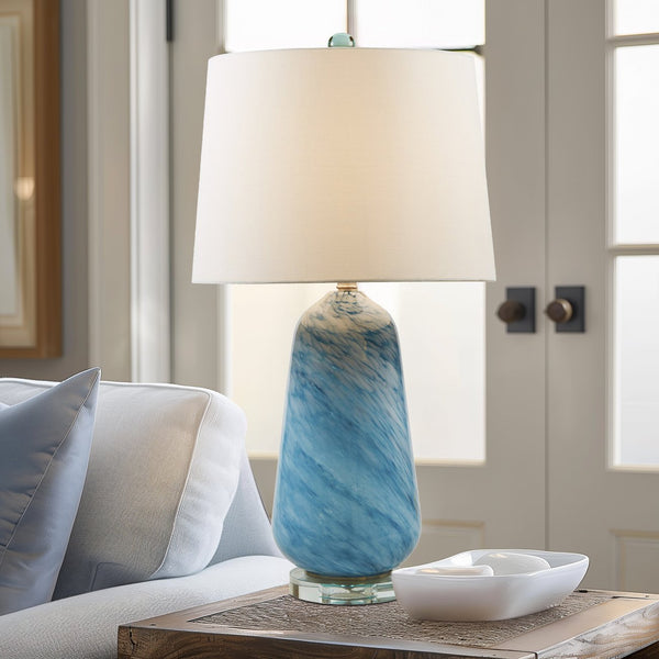 JLA Home INK+IVY - Confetti Aquaviva Glass Table Lamp with Blue Speckled Body, Acrylic Base & White Tapered Shade II153-0159