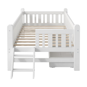 English Elm Wood Twin Platform Bed with Guardrail, Solid Pine Construction, 2 Underbed Drawers for Storage and Playroom Space White N709P242145K