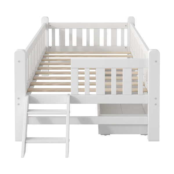 English Elm Wood Twin Platform Bed with Guardrail, Solid Pine Construction, 2 Underbed Drawers for Storage and Playroom Space White N709P242145K