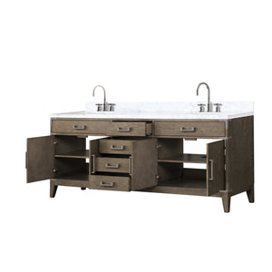 English Elm Grey Oak Double Bath Vanity With Carrara Marble Top & Chrome Faucet Set - Stylish Storage Solution! B2731P259935