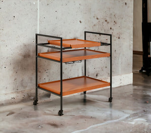 English Elm Oaken Honey Oak & Black Serving Cart with 3 Adjustable Trays, Wine Rack, Casters — Sturdy Storage B2726P286816