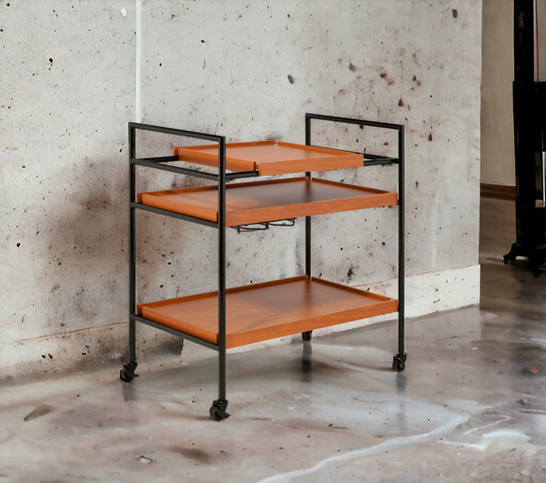 English Elm Oaken Honey Oak & Black Serving Cart with 3 Adjustable Trays, Wine Rack, Casters — Sturdy Storage B2726P286816