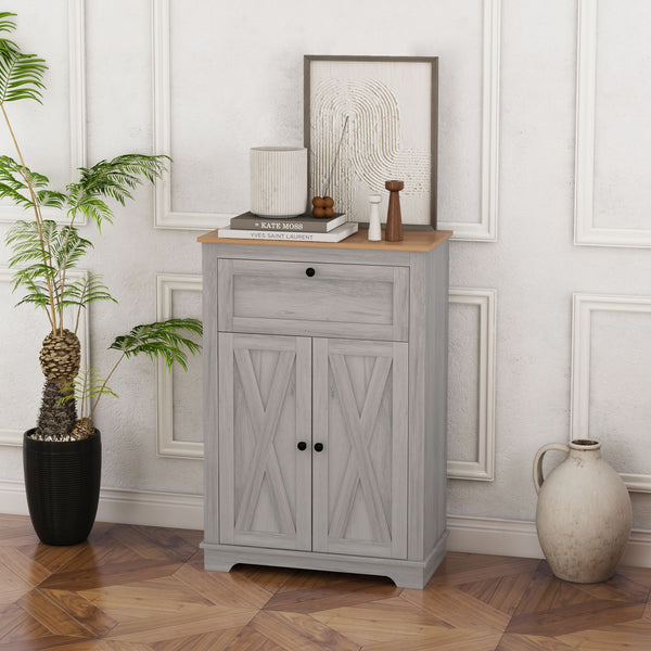 English Elm HOMCOM Rustic Farmhouse Sideboard Buffet Cabinet with Barn Doors, Drawer & Adjustable Shelves for Entryway Light Gray W2225P229126