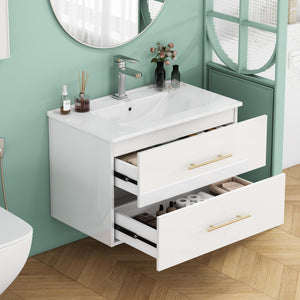 English Elm 30-Inch Sleek Wall-Mounted Bathroom Vanity With Integrated Sink, Double Drawers & Easy Installation W3151S00053