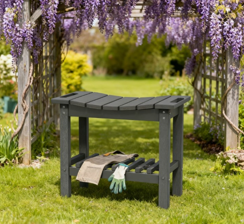 English Elm Shower Bench with Two Tier Storage Shelf Hdpe Wood Grain Finish for Bath or Poolside Dark Gray T3971P417793