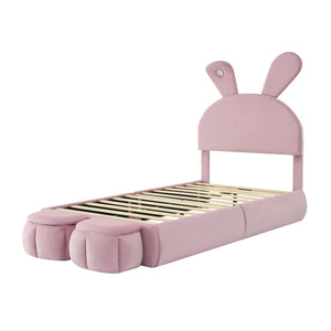 English Elm Twin Upholstered Platform Bed with Cute Cartoon Ears Headboard, LED Light, Adjustable Height, Pink WF321677AAH