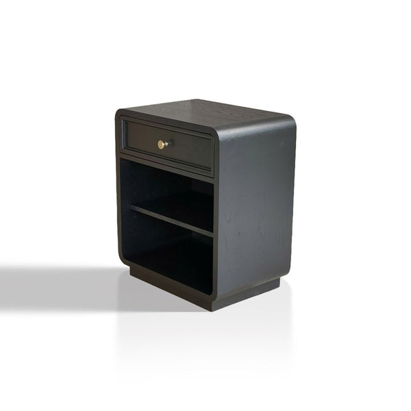 English Elm Nightstand Art Deco Matte Black Finish Antiqued Brass Hardware Open Shelf Bedroom B035P482920