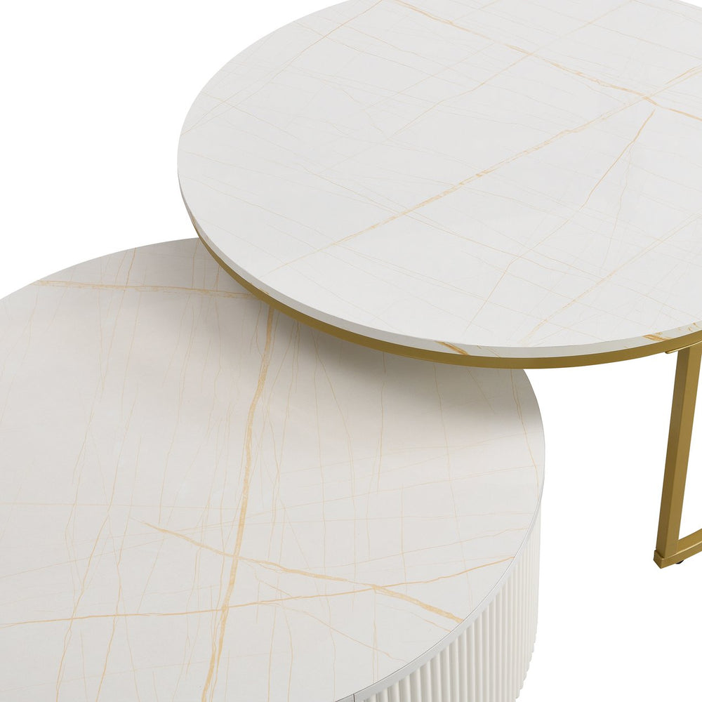 English Elm Modern Round Nesting Coffee Table Fluted with Drawer in Gold Finish — Elegant MDF Top, Space-Saving Design White N735P254992K