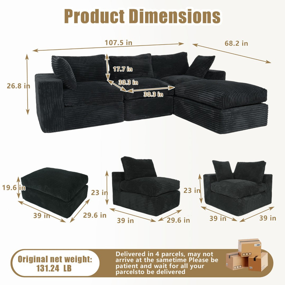 English Elm Modular Chenille Sectional Sofa Boneless Deep Seat Cloud Couch with Ottoman for Living Room Black T5880S00002