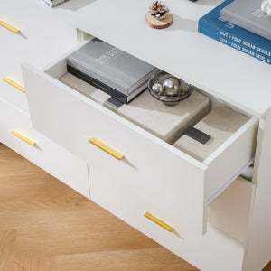 English Elm Six Drawer Elegant White Locker With Gold Accents And Triangular Legs For Modern Stylish Storage W3871P368993-GIGA