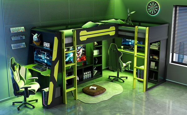 English Elm L-shaped Gaming Loft Bunk Bed Twin Wood Frame Rgb Lighting Usb Ports Storage Shelves Green LT000295AAG