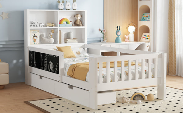 English Elm Twin Chalkboard Platform Bed with Drawers & Shelves, Solid Wood Kids Bed with Storage and Creative Headboard White W1580P362704