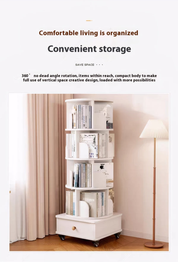 English Elm Rotating 5-Tier Corner Bookshelf With Drawer - Stylish White Storage Rack For Small Spaces & Homes W2641P329210-GIGA