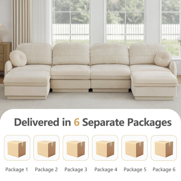 English Elm 137" Oversized Chenille Sectional Sofa with Movable Ottoman and Quilted Cushions W714S01755