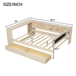 English Elm Wood Full Size Platform Bed With Upholstered Headboard, Storage Drawers, And Usb Charging Station GX002108AAC-1-GIGA