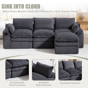 English Elm L Shaped Corduroy Modular Sectional with Cloud Cushions Footstool and Lumbar Pillows Gray W395S00140