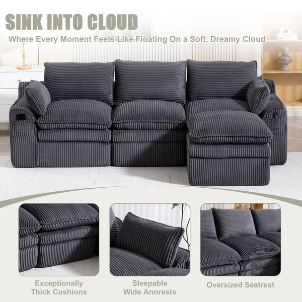 English Elm L Shaped Corduroy Modular Sectional with Cloud Cushions Footstool and Lumbar Pillows Gray W395S00140