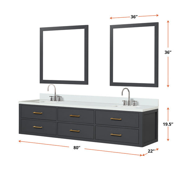 English Elm Black Double Bath Vanity 80 in W x 22 in D with White Quartz Top, Chrome Faucets & Dual 36" Mirrors B2731S01841