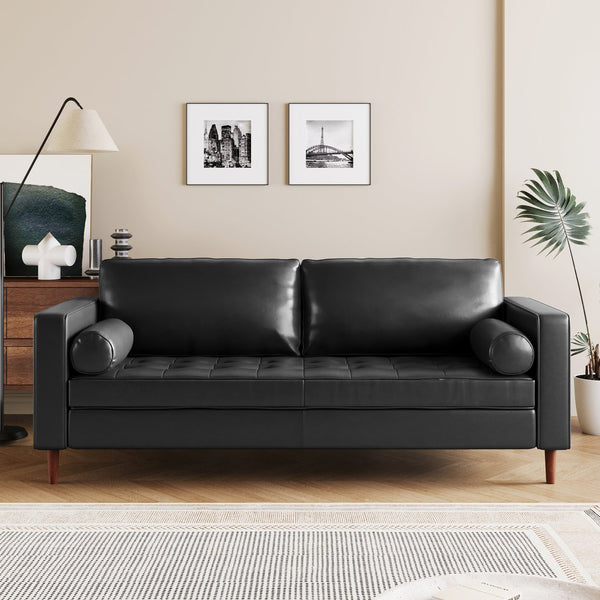 English Elm Christopher Knight Home® - Mirod Mid-Century Modern PU Leather Sofa with Tufted Back, Birch Legs, Foam & Pocket Spring Comfort Black N760P285734B
