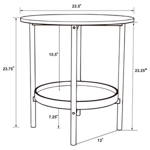 English Elm Kavita Round Farmhouse Side Table with Brown Wood Grain Top, Black Metal Legs & Lower Shelf Storage B062P299907