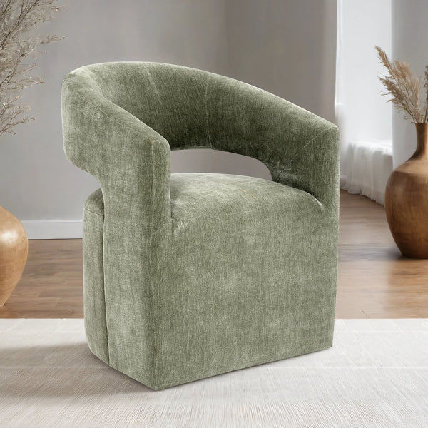 English Elm Contemporary Sculpted Barrel-Back Arm Chair with Smooth Casters, Neutral Textured Upholstery, Stylish Accent Seating Green 27 L x 26 W x 33 H B2741P400837