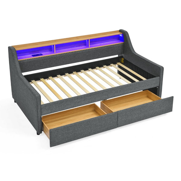 English Elm Twin Size Upholstery Sofa Bed With Led Lights & Storage Drawers, Wireless Charging, Grey Linen Design W1413S00055-GIGA