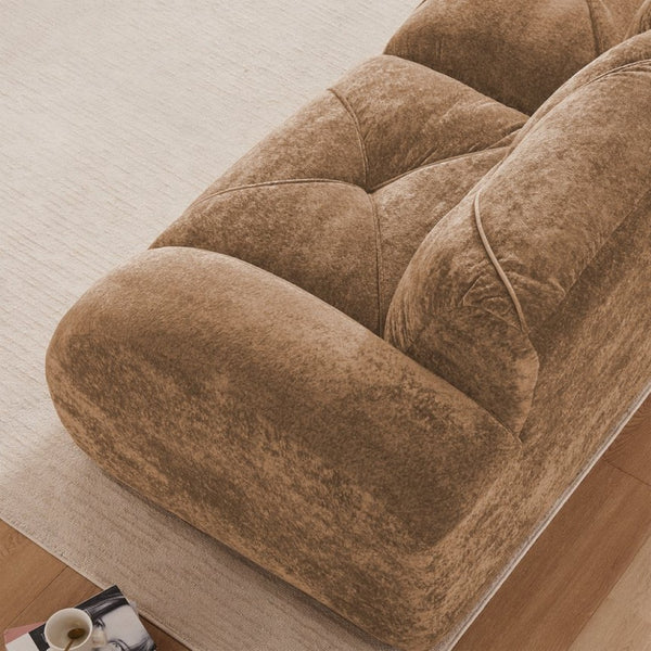 English Elm Three Seater Chenille Sofa with Ottoman Solid Wood Base Tufted Arms Living Room Camel W714S01635