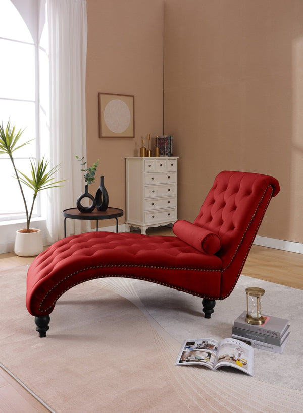 English Elm Classical Velvet Tufted Recliner Armchair with Nailhead Trim and Solid Wood Frame Red W2795P448684