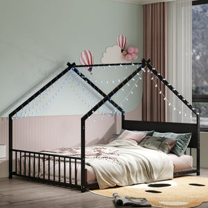 English Elm Twin House Bed Frame with Led Lights Iron Slats Low Profile Kids Bedroom W1820P234582
