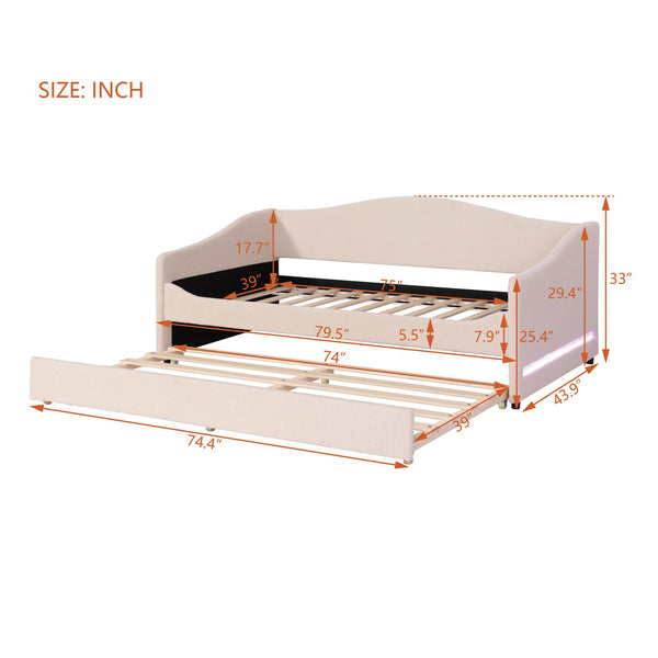 English Elm Teddy Twin Upholstered Daybed with Trundle and Embossed Stripe Accents, Plush Teddy Fleece Comfort Beige SF000065AAA