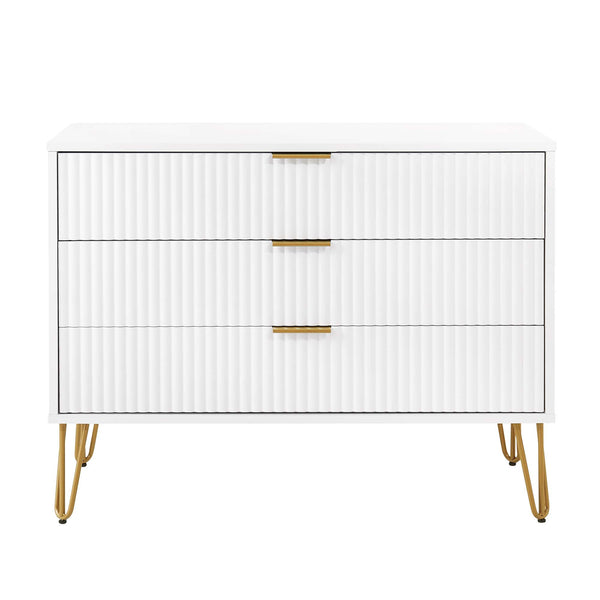 English Elm Dumbo 35" Fluted 3-Drawer Dresser with Gold Metal Legs, Glam Handles, Easy Snap Assembly White B365P398115