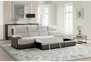 English Elm KIA Beige/Brown Sectional Sofa with Power Recline, USB Charging, Storage Chaise, Two-Tone Fabric Finish B201S00123