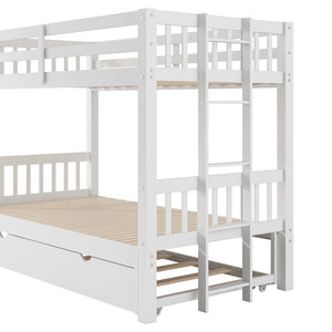 English Elm Twin over Pull-out Bunk Bed with Trundle and Wheels, Space-Saving Pine/MDF Frame Sleeps Four Crowd-Friendly Design White GX000301AAK