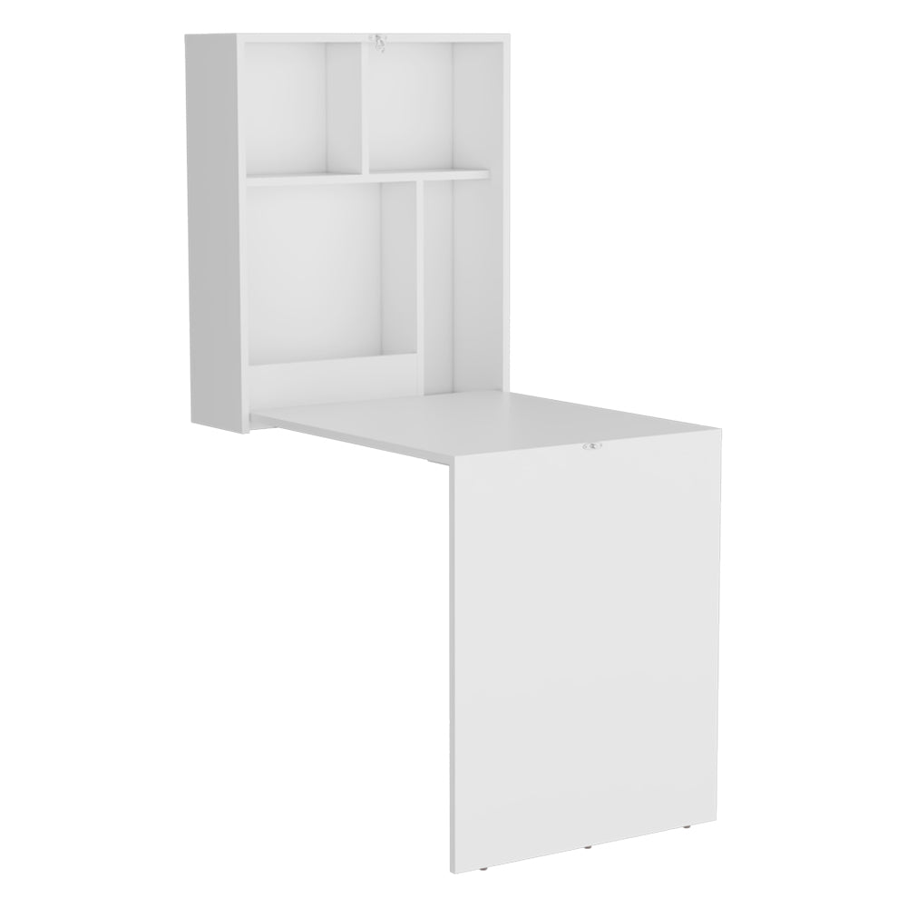 English Elm Virgin Floating Table Wall-Mounted Foldable Desk with 3 Open Shelves, White Engineered Wood, Space-Saving B092P254743