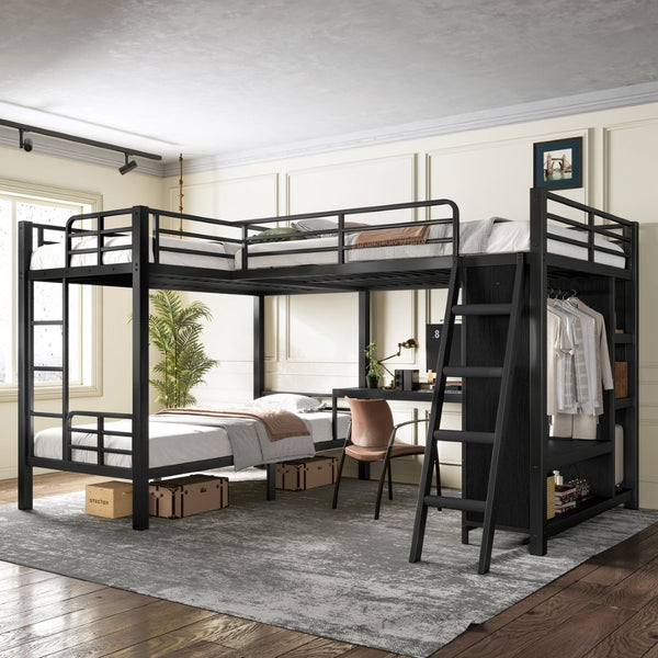 English Elm L-shaped Triple Bunk Bed with Desk Wardrobe Metal Frame for Teen Shared Rooms W5305S00003