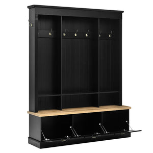 English Elm Farmhouse Hall Tree with Triple Arch Back Panel Eight Hooks Drawers and Entryway Bench Black N721S000062B