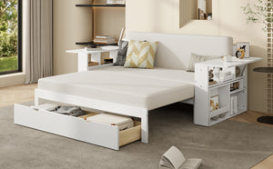 English Elm Full Size Daybed with Hydraulic Desk Armrests Storage Drawer and Sofa Seating White LT000271AAK