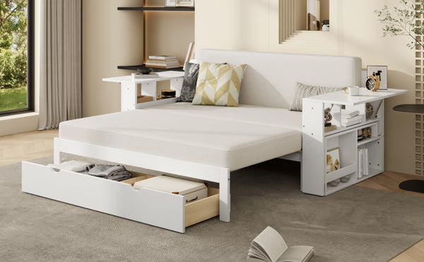 English Elm Full Size Daybed with Hydraulic Desk Armrests Storage Drawer and Sofa Seating White LT000271AAK
