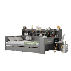 English Elm Wooden Twin Daybed with Trundle Built-in Desk and Open Shelves for Kids Rooms Gray N733S373385E
