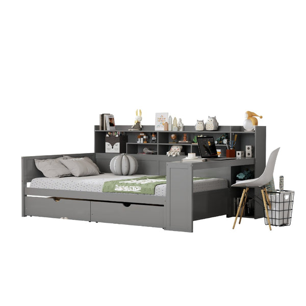 English Elm Wooden Twin Daybed with Trundle Built-in Desk and Open Shelves for Kids Rooms Gray N733S373385E