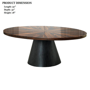 English Elm Contemporary Oval Coffee Table With High-Gloss Parquet Top & Textured Black Drum Base For Living Rooms B2741S00624