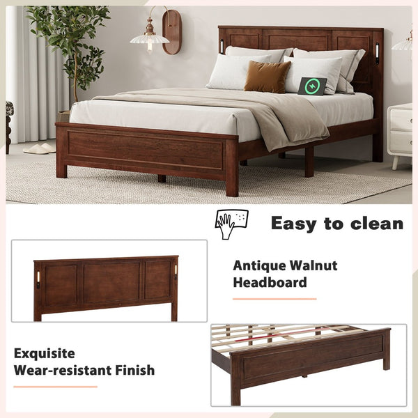 English Elm Queen Pinewood Platform Bed Farmhouse Tall Panel Headboard with Led Lighting and Usb Ports Walnut W504P391092