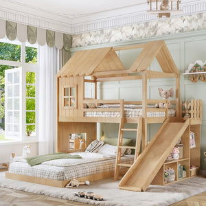 English Elm Twin Over Full Playhouse Bunk Bed with Slide Ladder Storage Shelves and Wardrobe W5305S00040