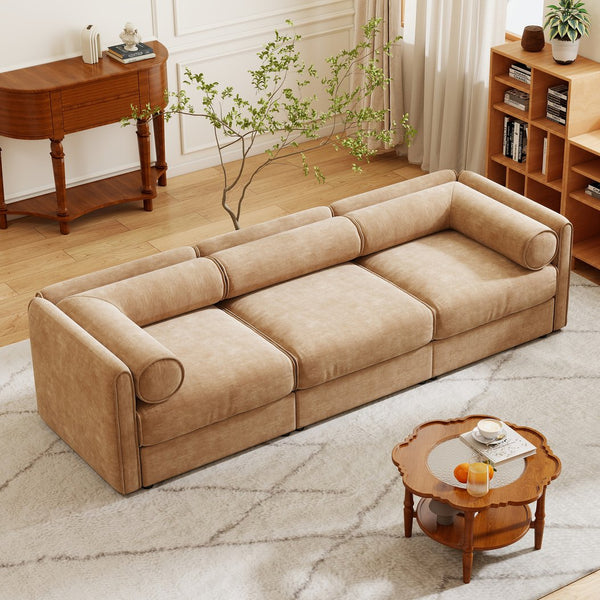 English Elm Elegant Camel Chenille Sofa - Contemporary 3-Seater With Hidden Storage, Ergonomic Design & Style W714S01227