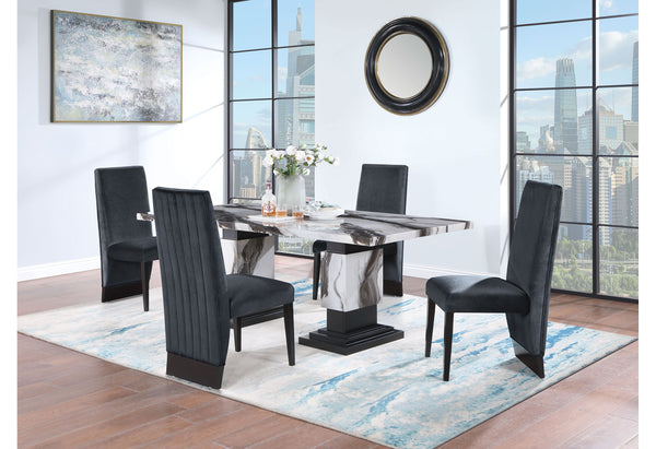 English Elm STACEY Faux Marble Zebra Dining Set in White & Black with Pedestal Base and 4 Upholstered Chairs B201S00326