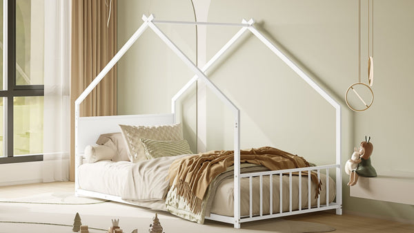 English Elm Twin House Shaped Metal Bed Frame with Led Lights and Wood Slats for Kids W1820P356049