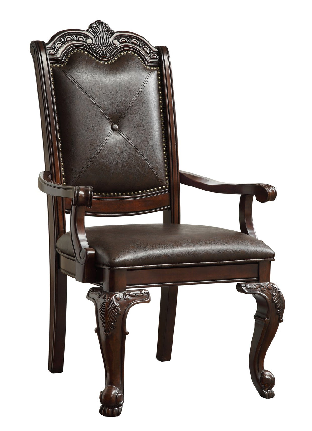 English Elm 2pc Armchair Ornate Carved Frame Tufted Back Faux Leather Upholstery Dark Brown Solid Wood Dining Set B2741P372237