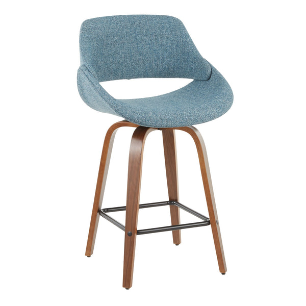 English Elm Fabrico Mid-Century Counter Stool Set of 2 — Walnut Swivel Legs, Padded Contoured Seat & Square Footrest Blue B202S00244