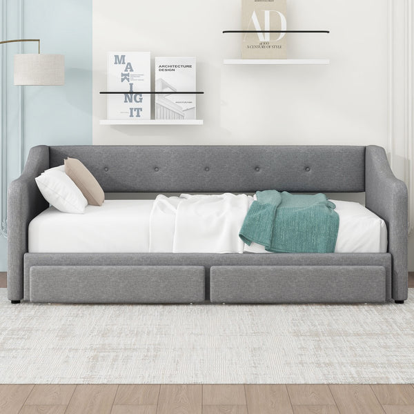 English Elm Twin XL Upholstered Daybed with Two Drawers — Convertible King Sofa Bed, Buttoned Back, Linen Upholstery Gray DL002056AAE